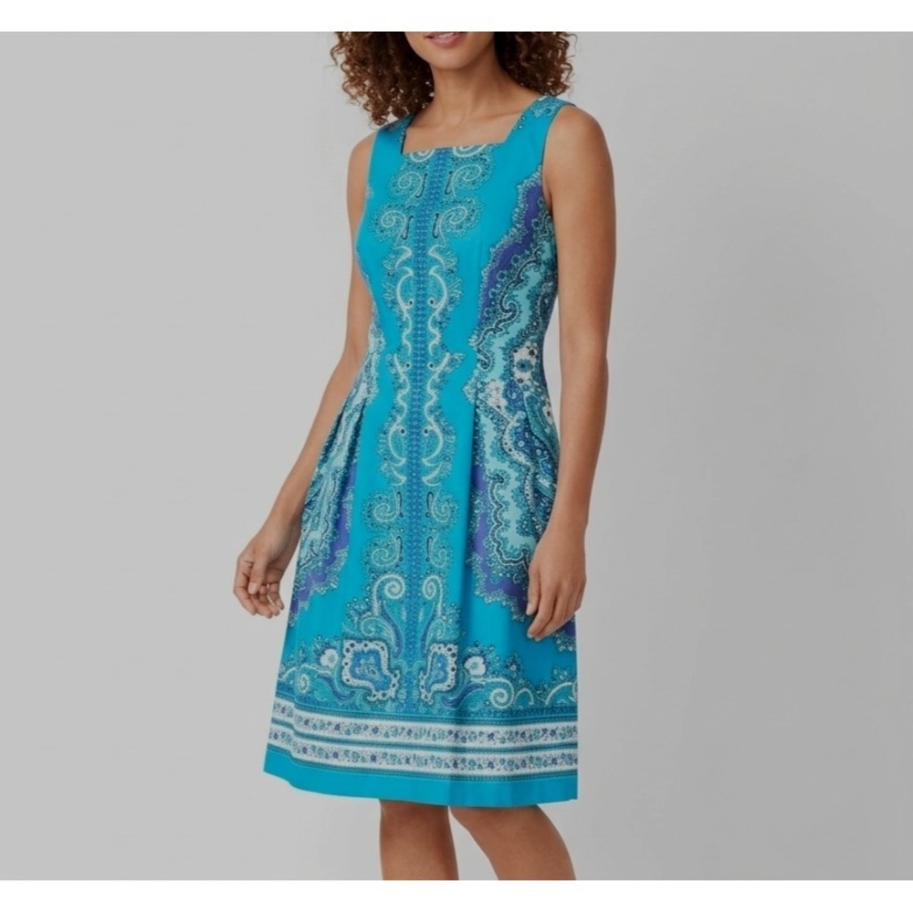Talbots RSVP Aqua Paisley Fit & Flare Cotton Dress 12P Coastal Feminine - Picture 2 of 9